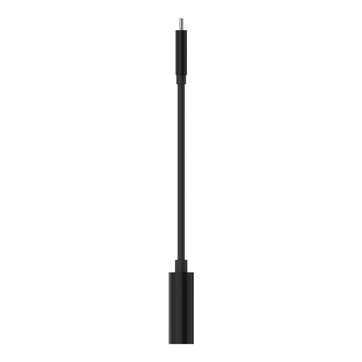 Un cavo nero da USB-C a USB-C. Il cavo è dritto e collegato a un connettore rettangolare nero.