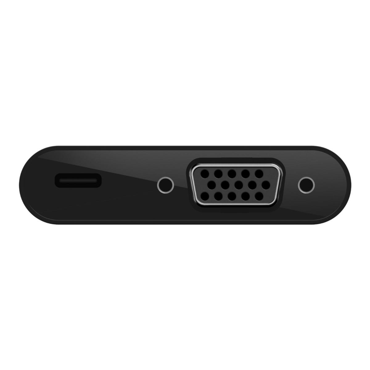 Dispositivo nero con porta USB-C e connettore VGA, su sfondo bianco.