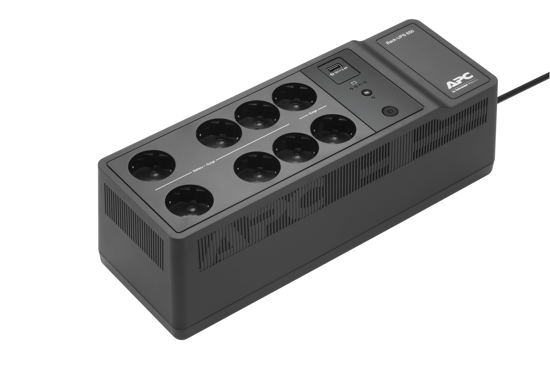 APC Back-UPS 600 nero, un dispositivo di backup dell'alimentazione. Mostra porte e pulsanti.