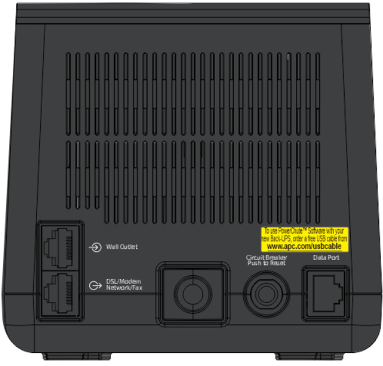 Retro di un dispositivo di backup nero con porte per presa a muro, DSL/Modem e dati.