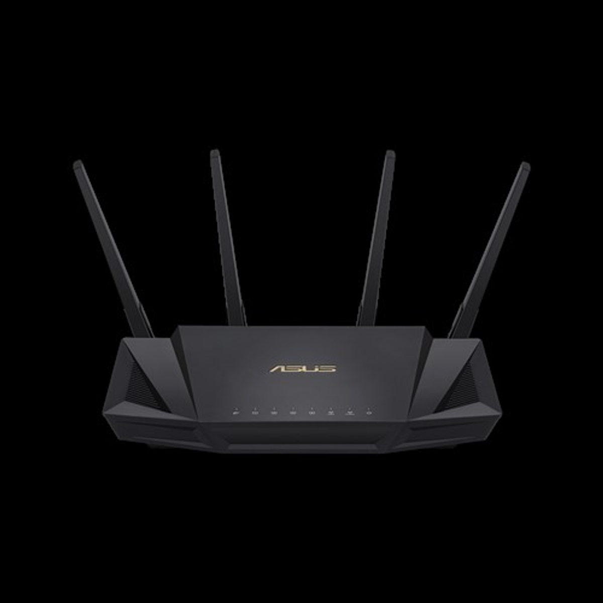 Router ASUS negro con cuatro antenas, sobre fondo negro, vista en ángulo.