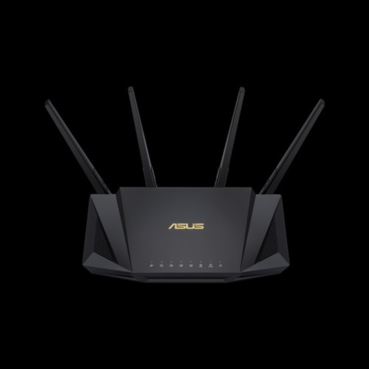 Un router ASUS negro con cuatro antenas sobre un fondo negro.