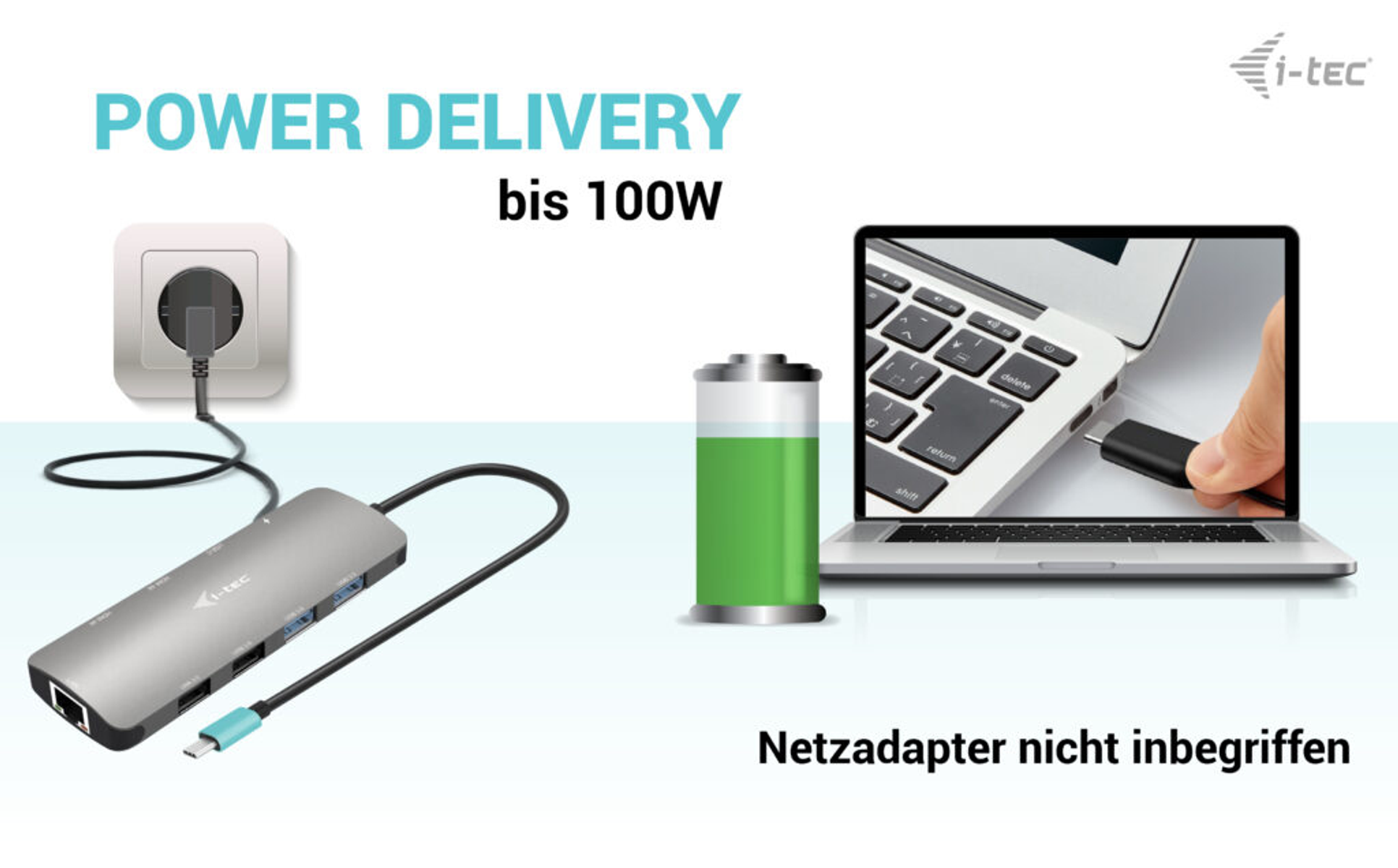 Stromversorgungs-Hub mit Laptop, Akku und Netzstecker, bis 100W.