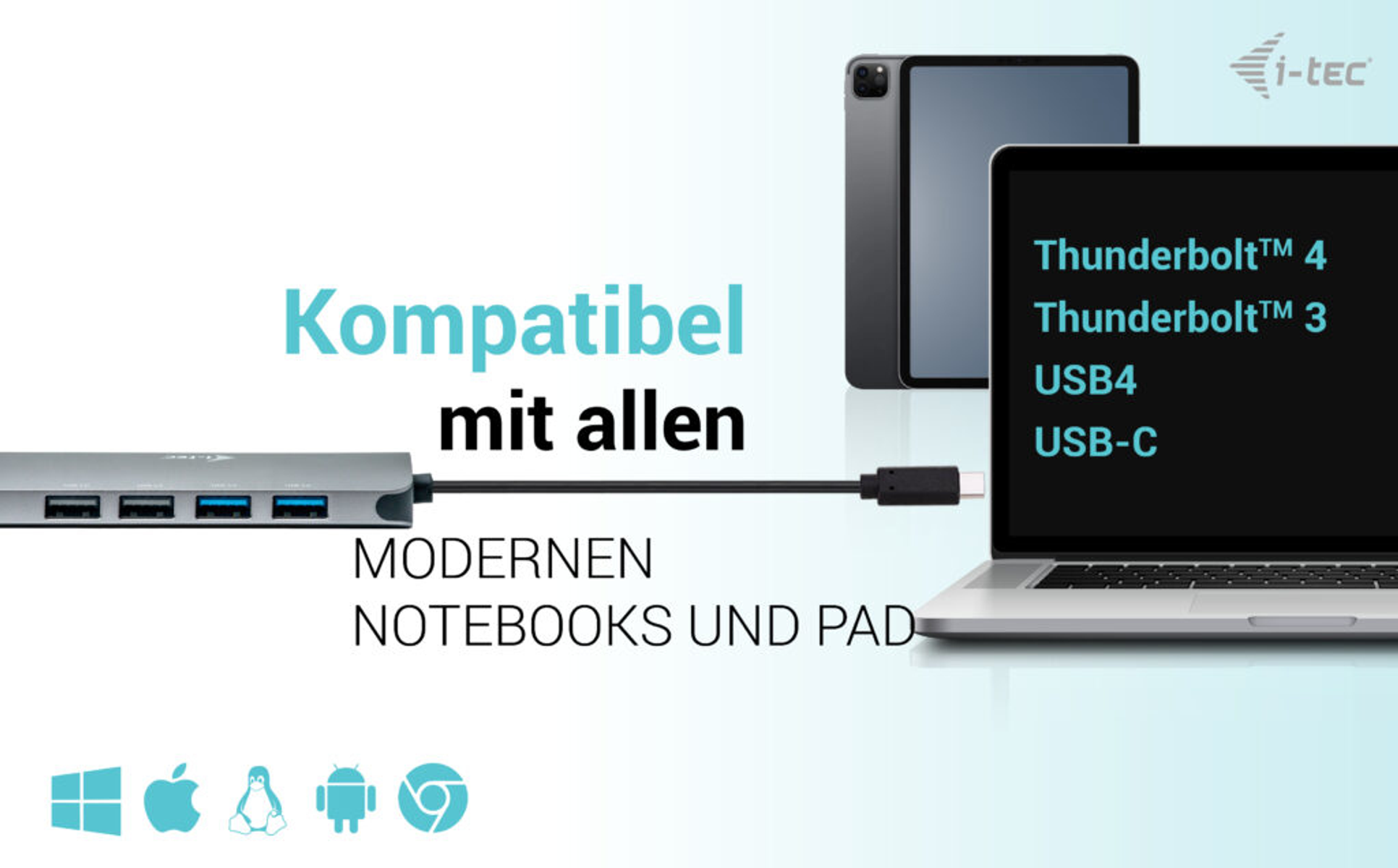 Bild zeigt Laptop, Tablet und eine Dockingstation mit Anschlüssen und USB-C.