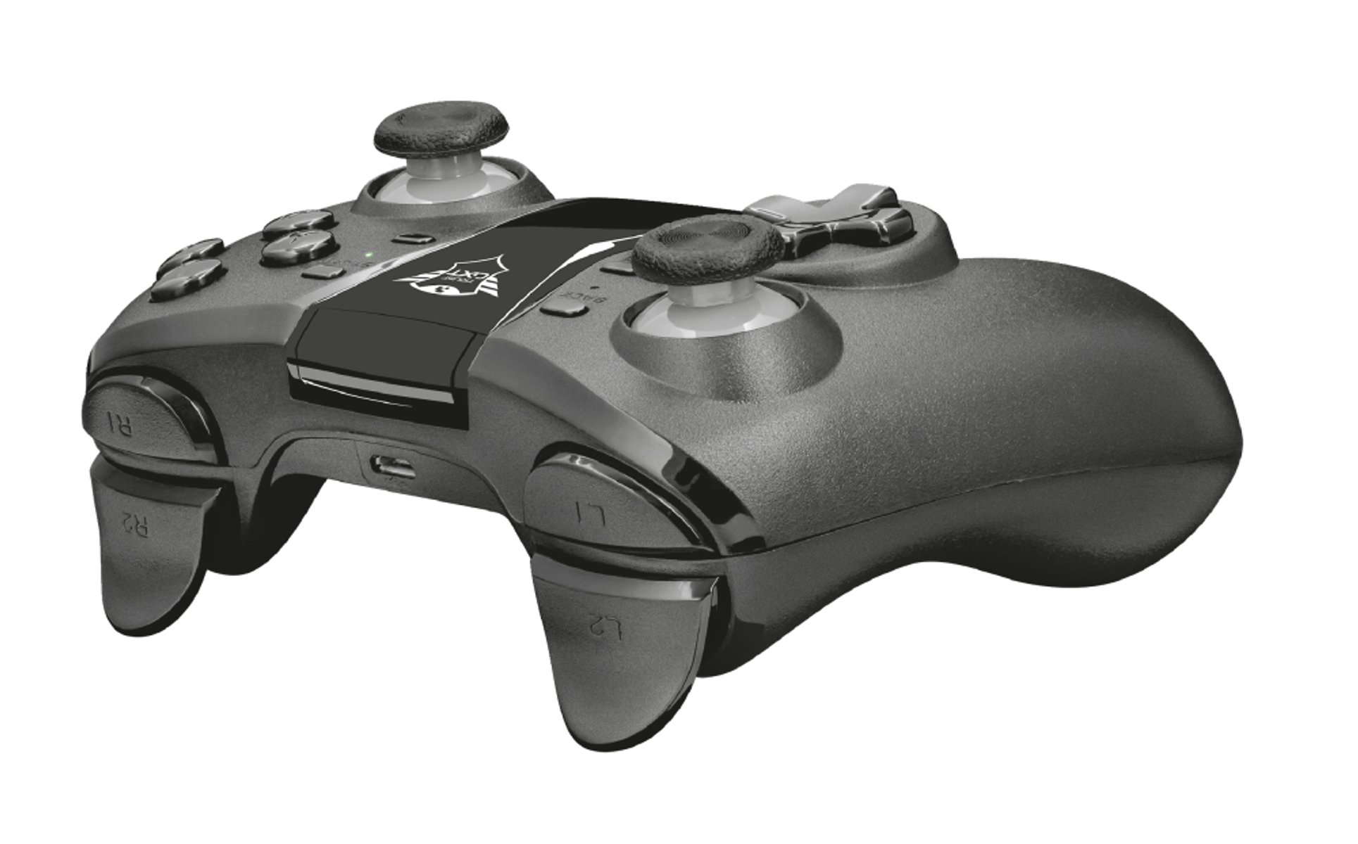 Controller di gioco nero con pulsanti e joystick, su sfondo bianco.