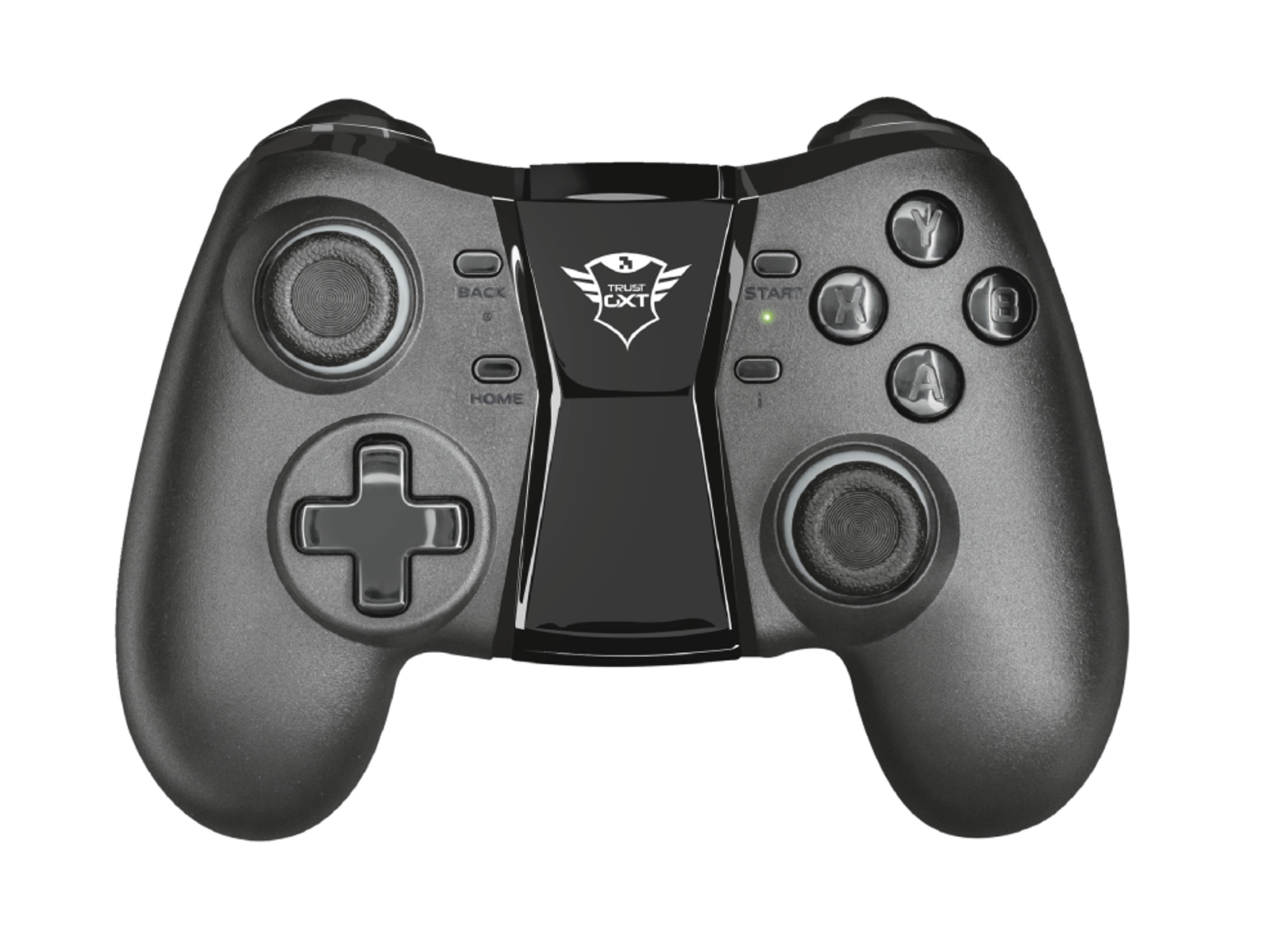 Un gamepad Trust nero con pulsanti e un pad di controllo su sfondo bianco.