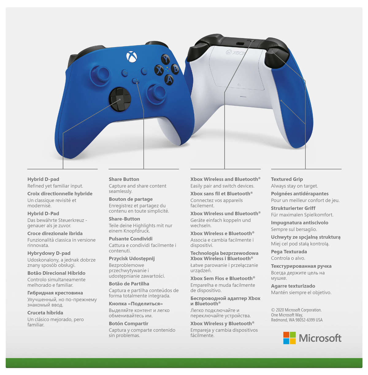 Weiß-blauer Xbox-Controller mit Text in mehreren Sprachen.