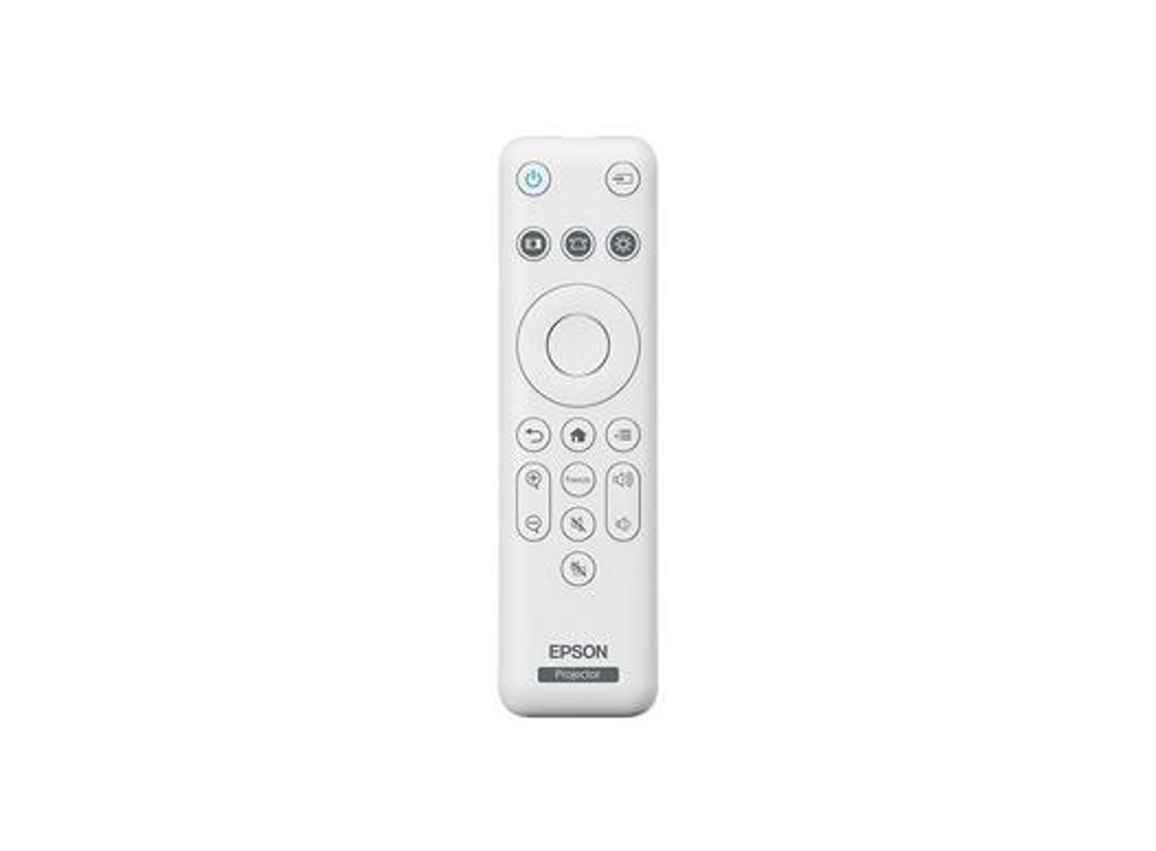 Télécommande de projecteur Epson blanche avec boutons marche/arrêt, source, menu et commandes de navigation.