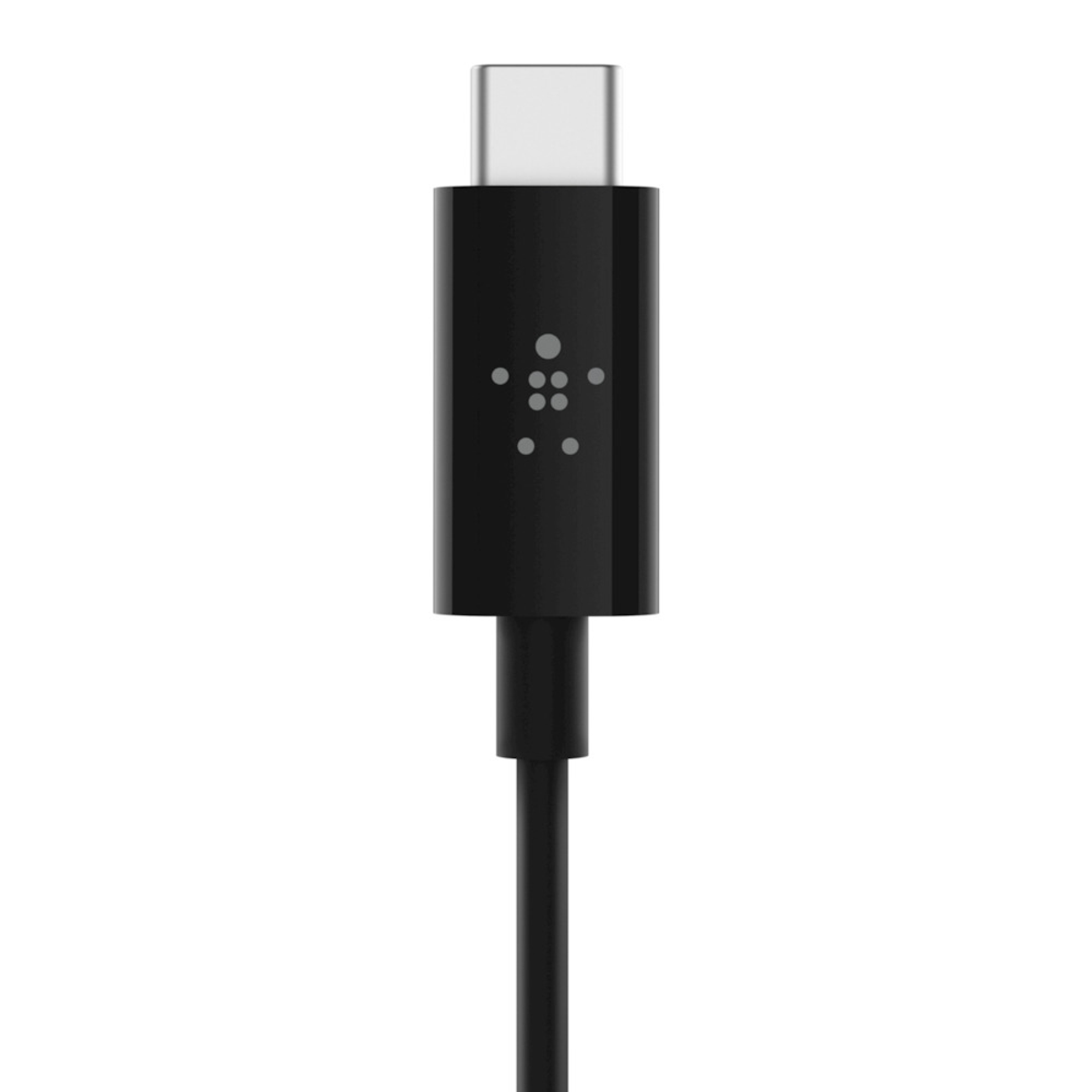 Cavo di ricarica USB-C nero con logo Belkin. Connettore in alto.