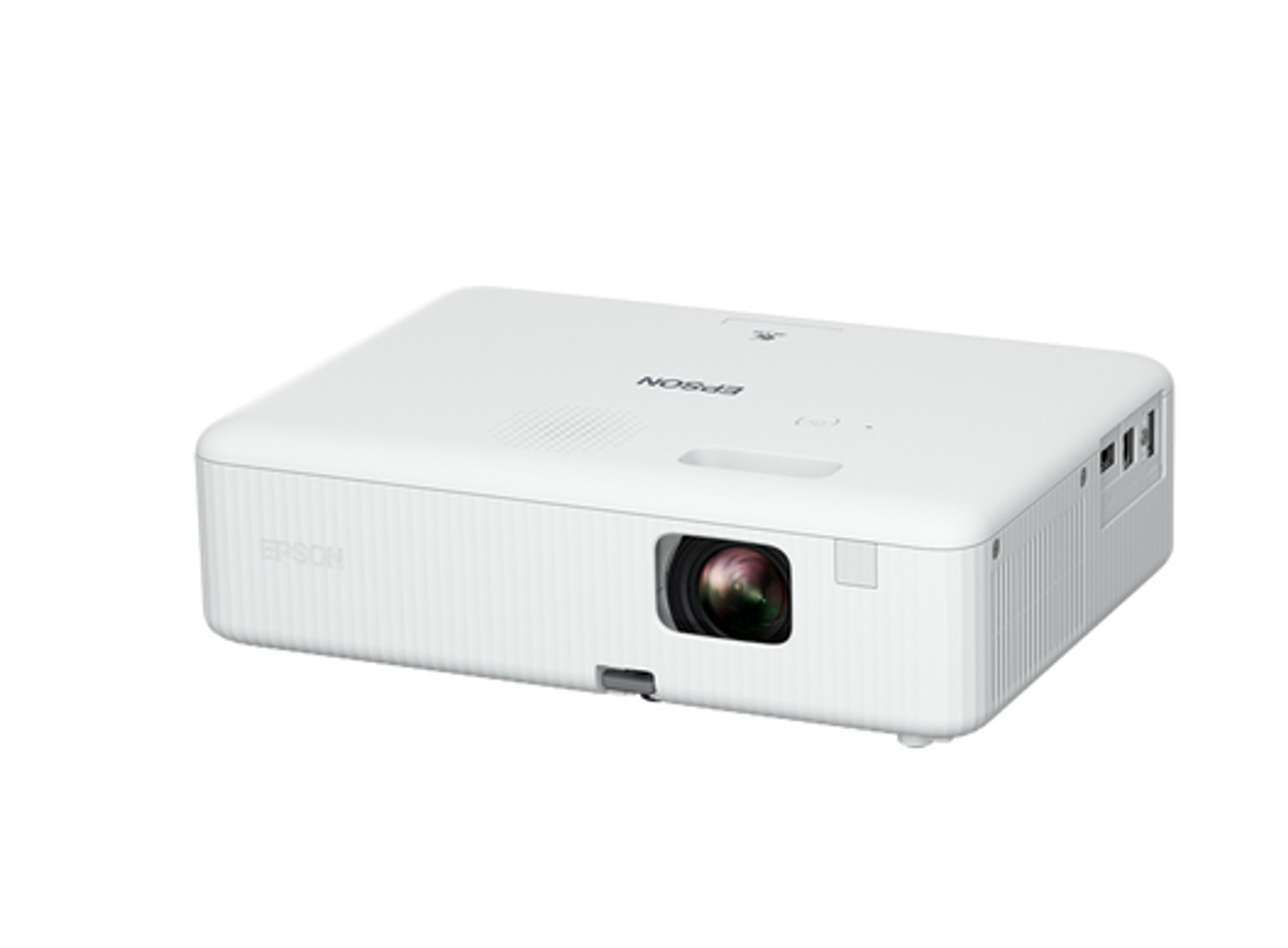 Projecteur blanc sur une surface blanche. Comprend une lentille et divers ports. Conçu pour les présentations.