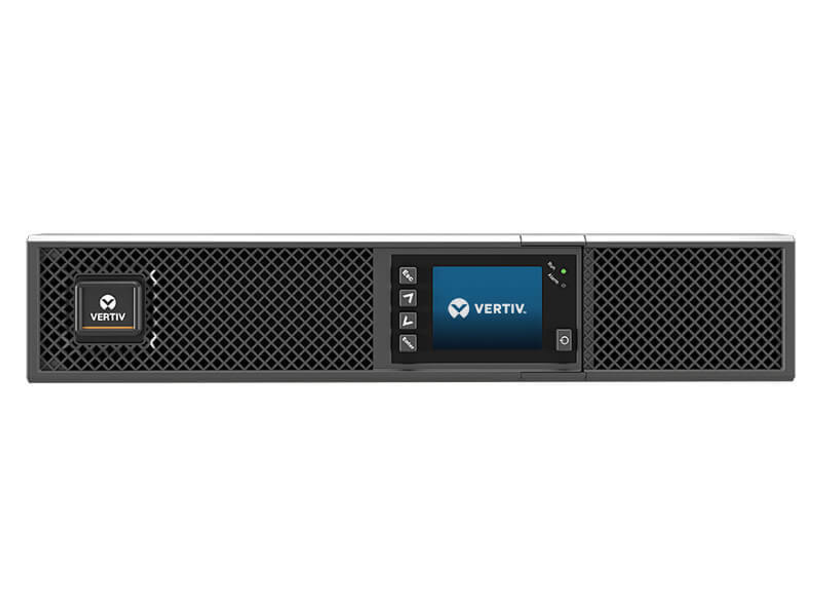 Dispositivo UPS Vertiv negro, vista frontal, con pantalla y botones, sobre fondo blanco.