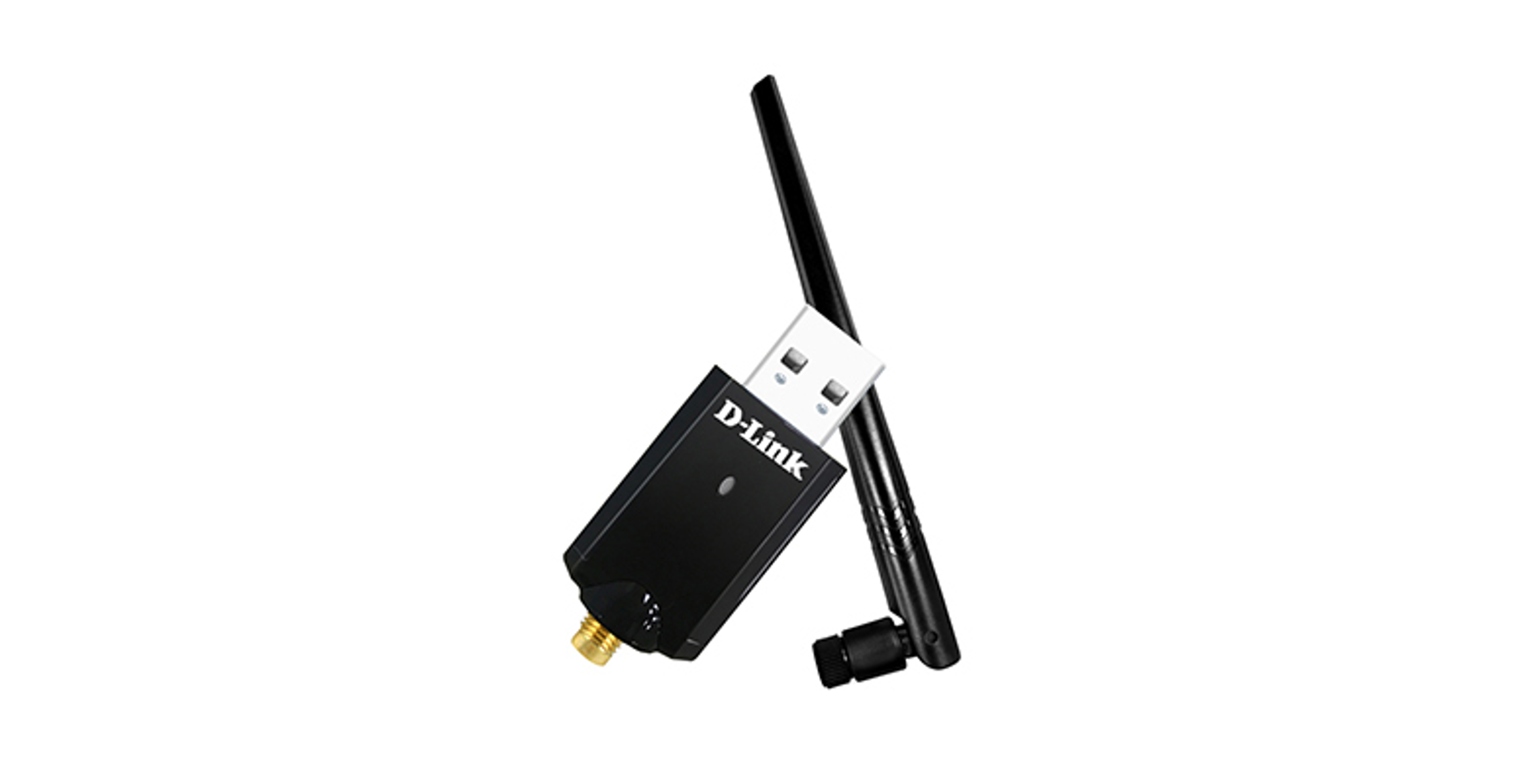 Czarny adapter WiFi USB D-Link z anteną, ustawiony pod kątem na białym tle.