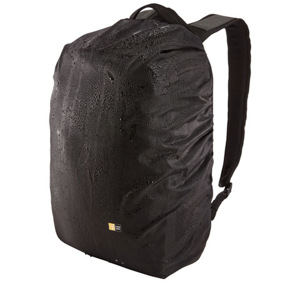 Eine schwarze Rucksackabdeckung mit Wassertropfen darauf.