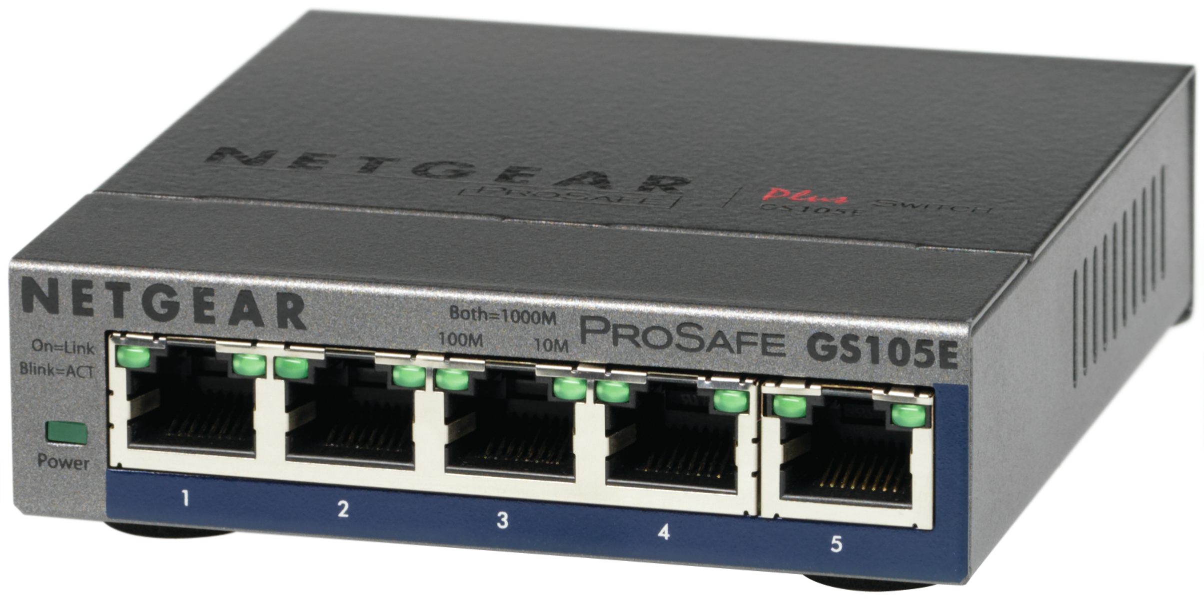 Uno switch di rete Netgear ProSafe GS105E nero con cinque porte numerate e indicatori di stato.