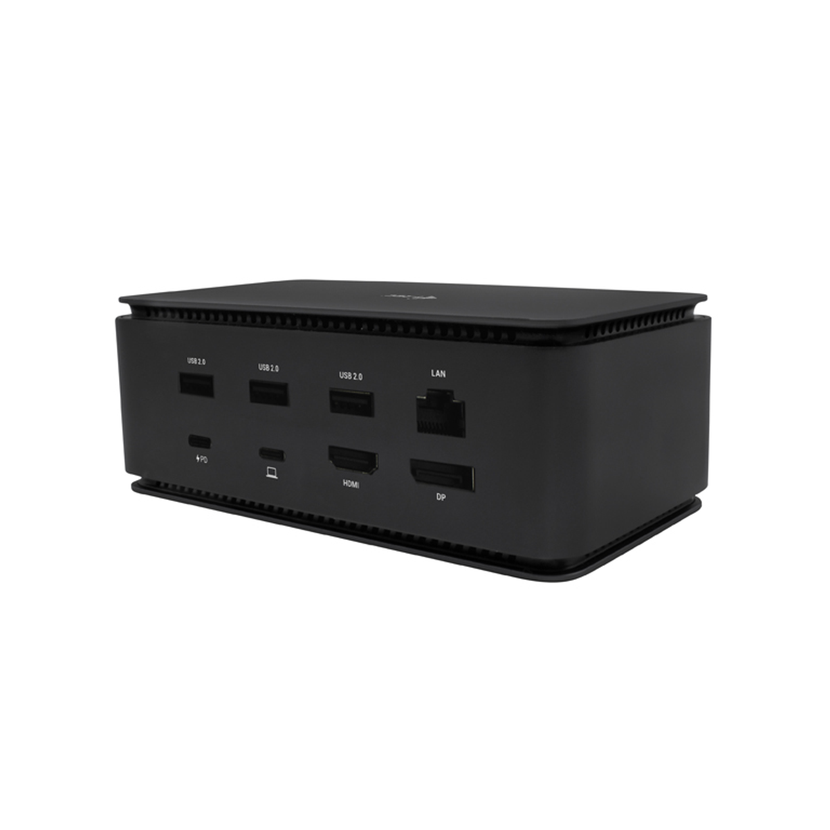 Una docking station nera con più porte: USB, LAN, HDMI e DP, su sfondo bianco.