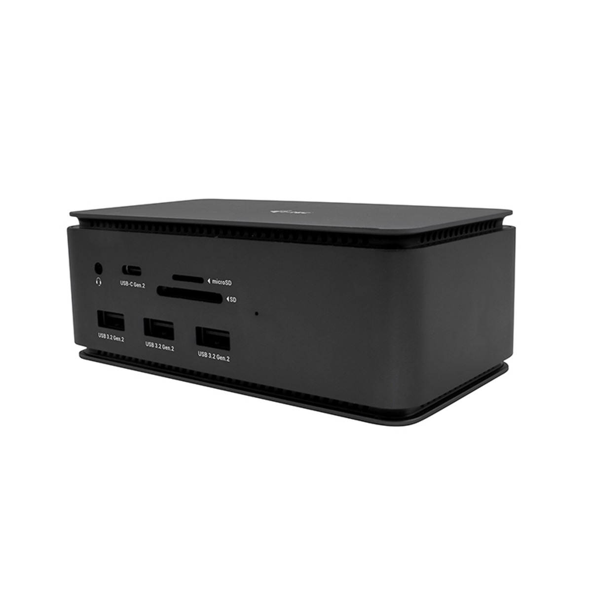Stazione di docking nera con varie porte, tra cui USB-C, USB e uno slot per schede microSD.