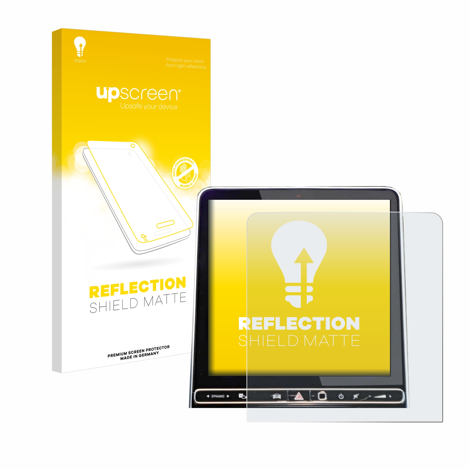 Tablet mit Displayschutz und Box. Auf der Box steht 'Reflection Shield Matte'.