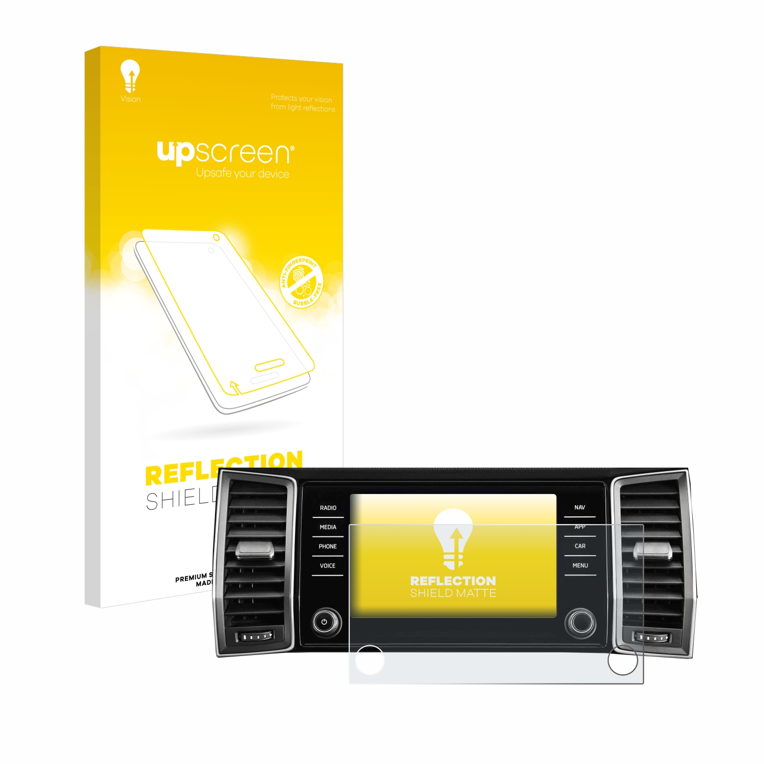 Auto-Display mit Displayschutzfolie, Karton im Hintergrund. Die Folie ist ein Reflexionsschutz.