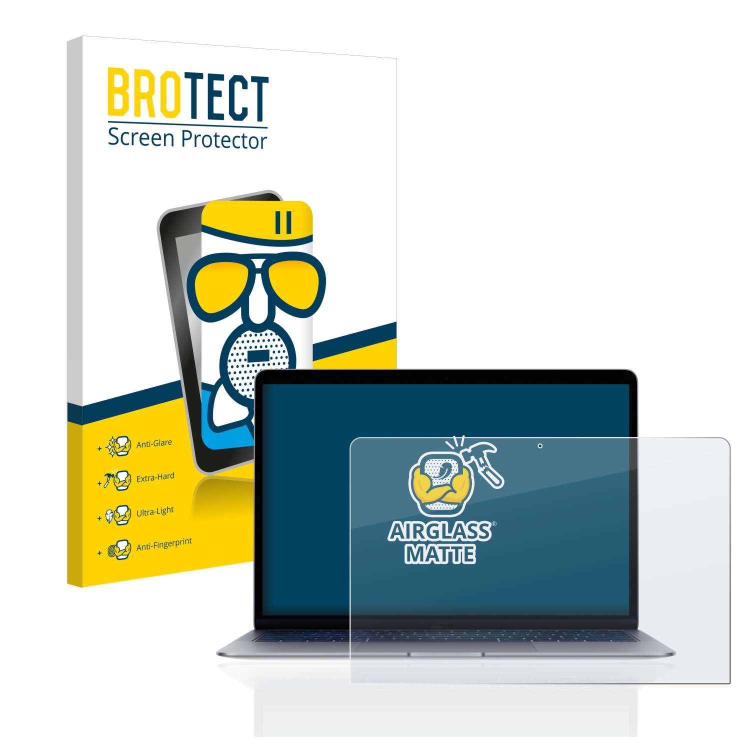Laptop, Displayschutzfolie und Schachtel. Die Displayschutzfolie ist transparent, die Schachtel hat ein Cartoon-Bild und Text.
