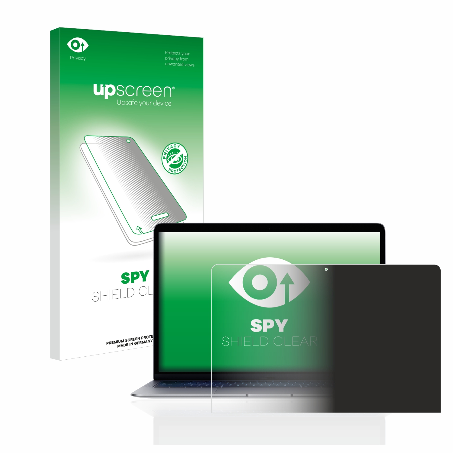 Eine Displayschutzfolienbox, ein Laptop mit Displayschutzfolie und eine Displayschutzfolie. Die Box ist grün und weiß.