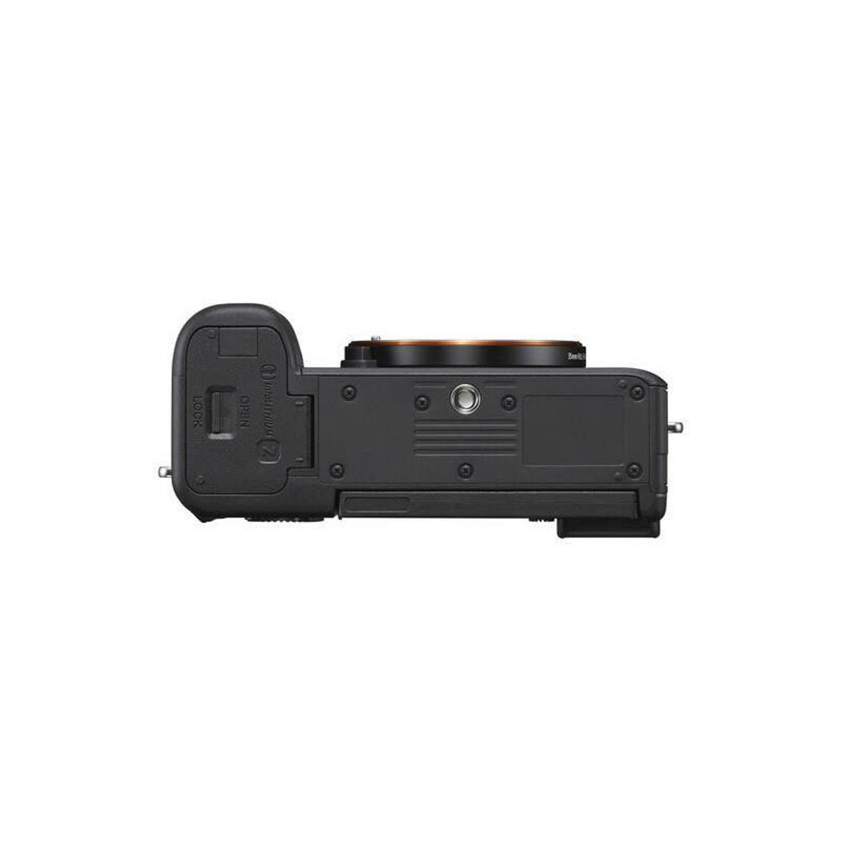 Zwarte camera, bovenaanzicht, met een lens en open poorten, op een witte achtergrond.
