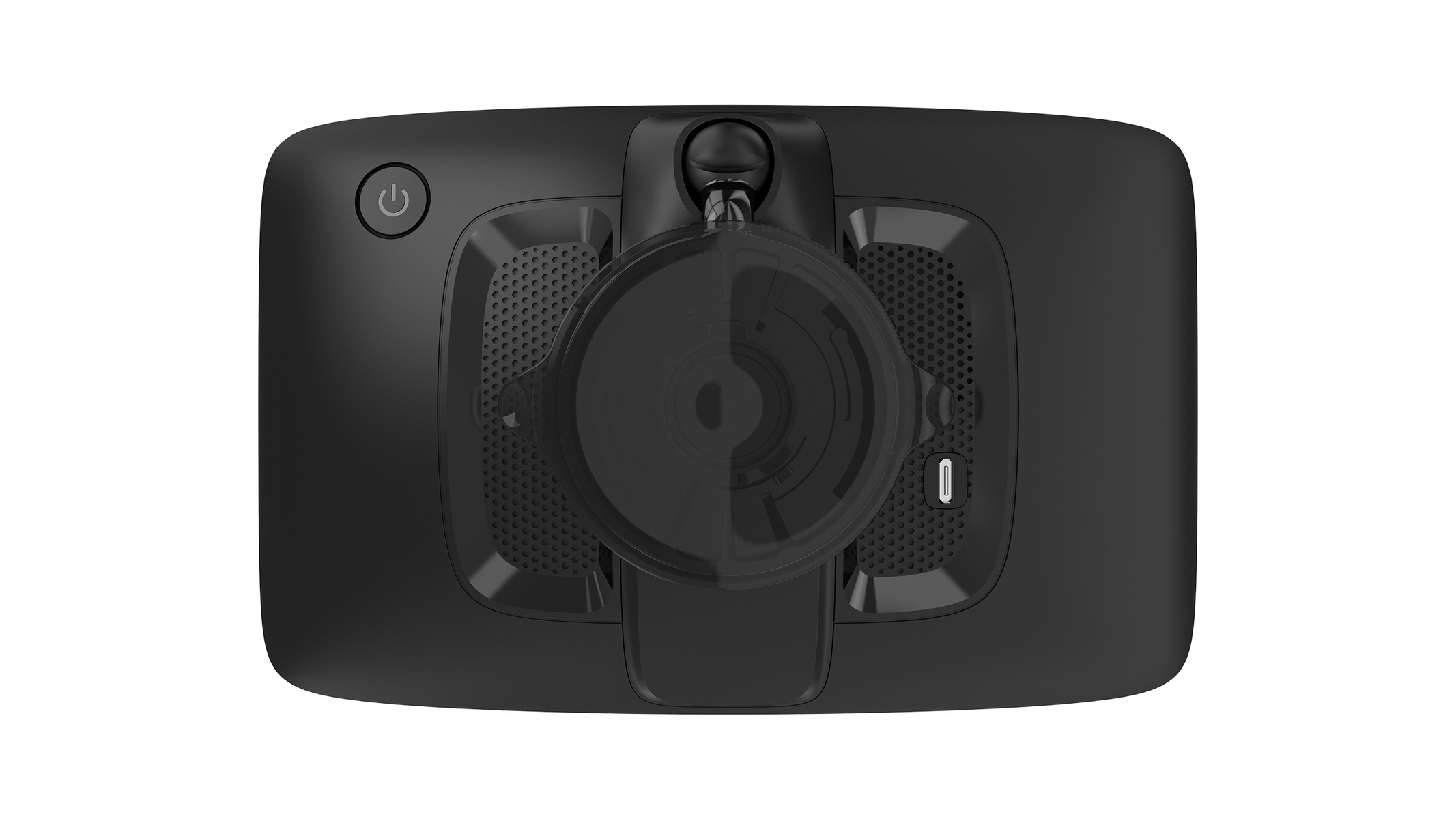 Czarne urządzenie GPS z mocowaniem na przyssawkę. Tło jest białe.