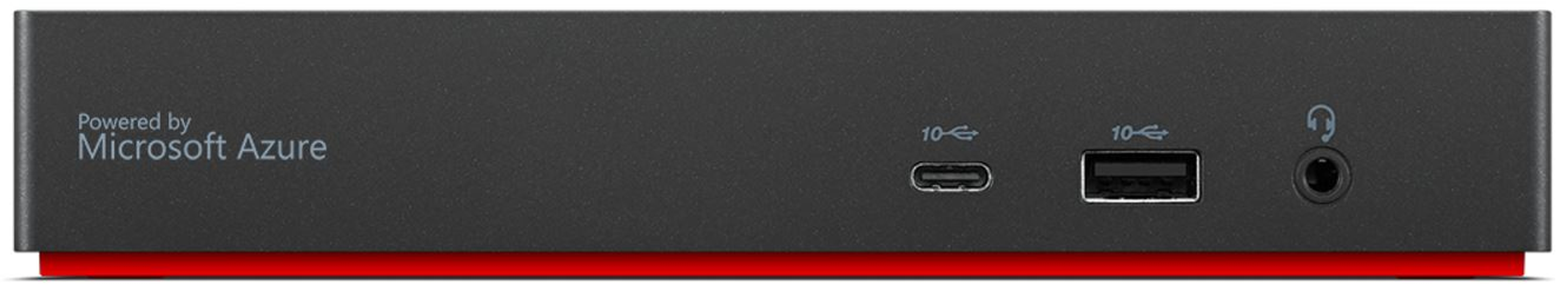 Rückseite eines schwarzen Geräts mit Microsoft Azure-Branding. Hat Anschlüsse für USB, USB-C und Audio.