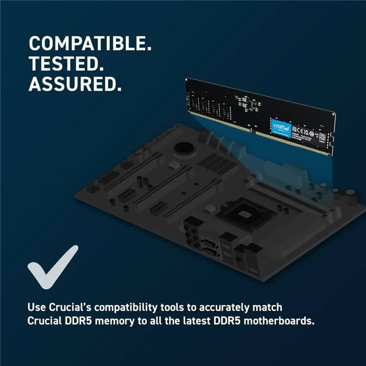 RAM-Riegel über einem Mainboard-Modell, mit einem Häkchen. Zeigt die Speicherkompatibilität.
