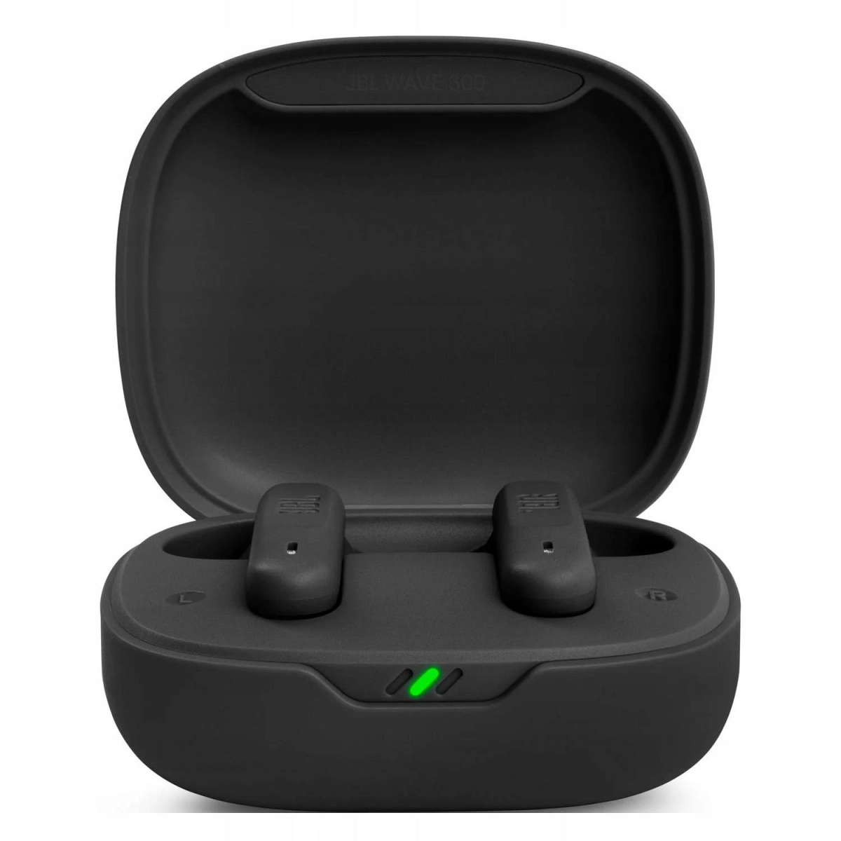 Custodia per auricolari JBL Wave 100 nera, aperta, che rivela gli auricolari, con luce verde.