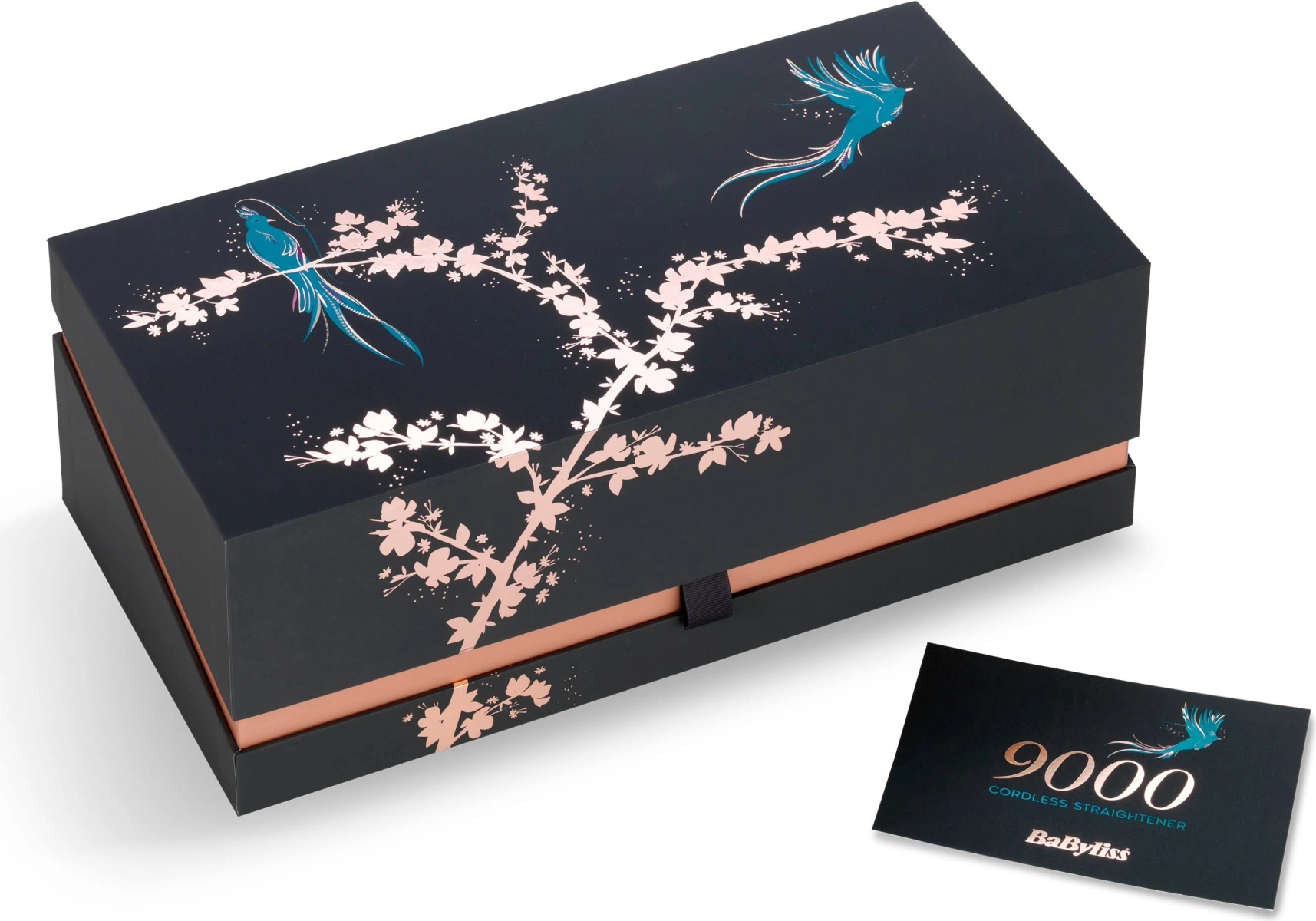 Schwarze Box mit floralem Design und zwei blauen Vögeln.