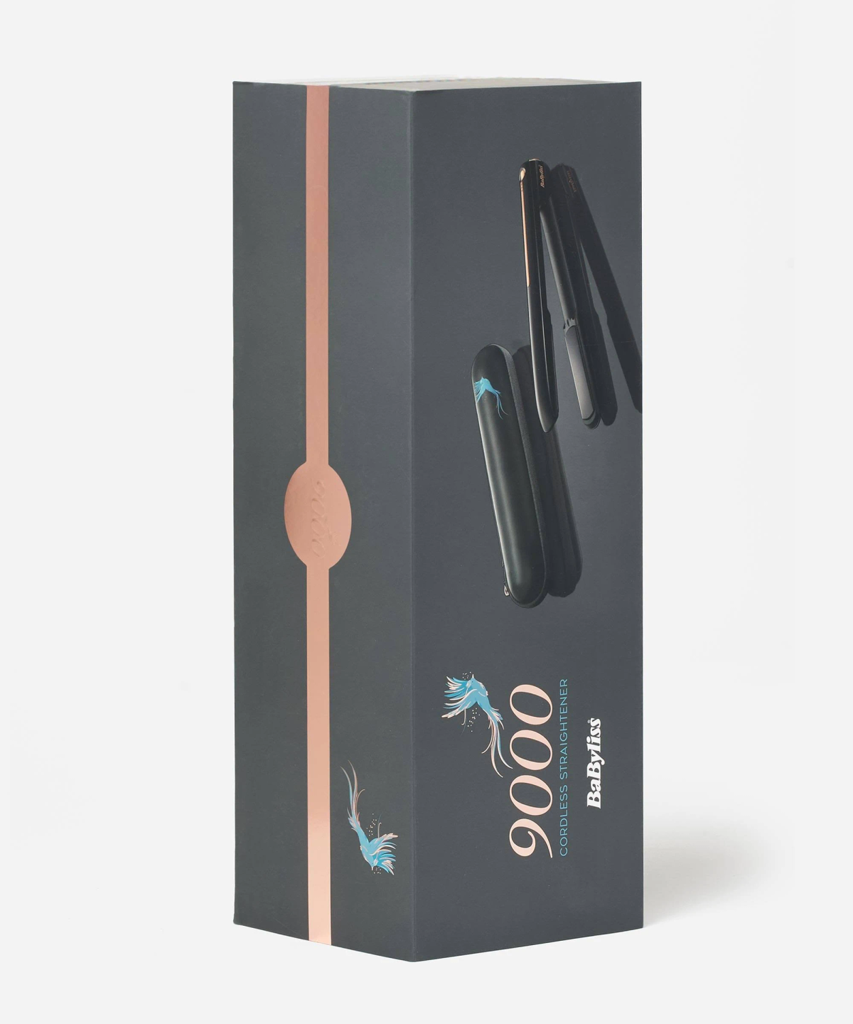 Schwarze Box mit einer Haarglätter-Illustration und Text, vor weißem Hintergrund.