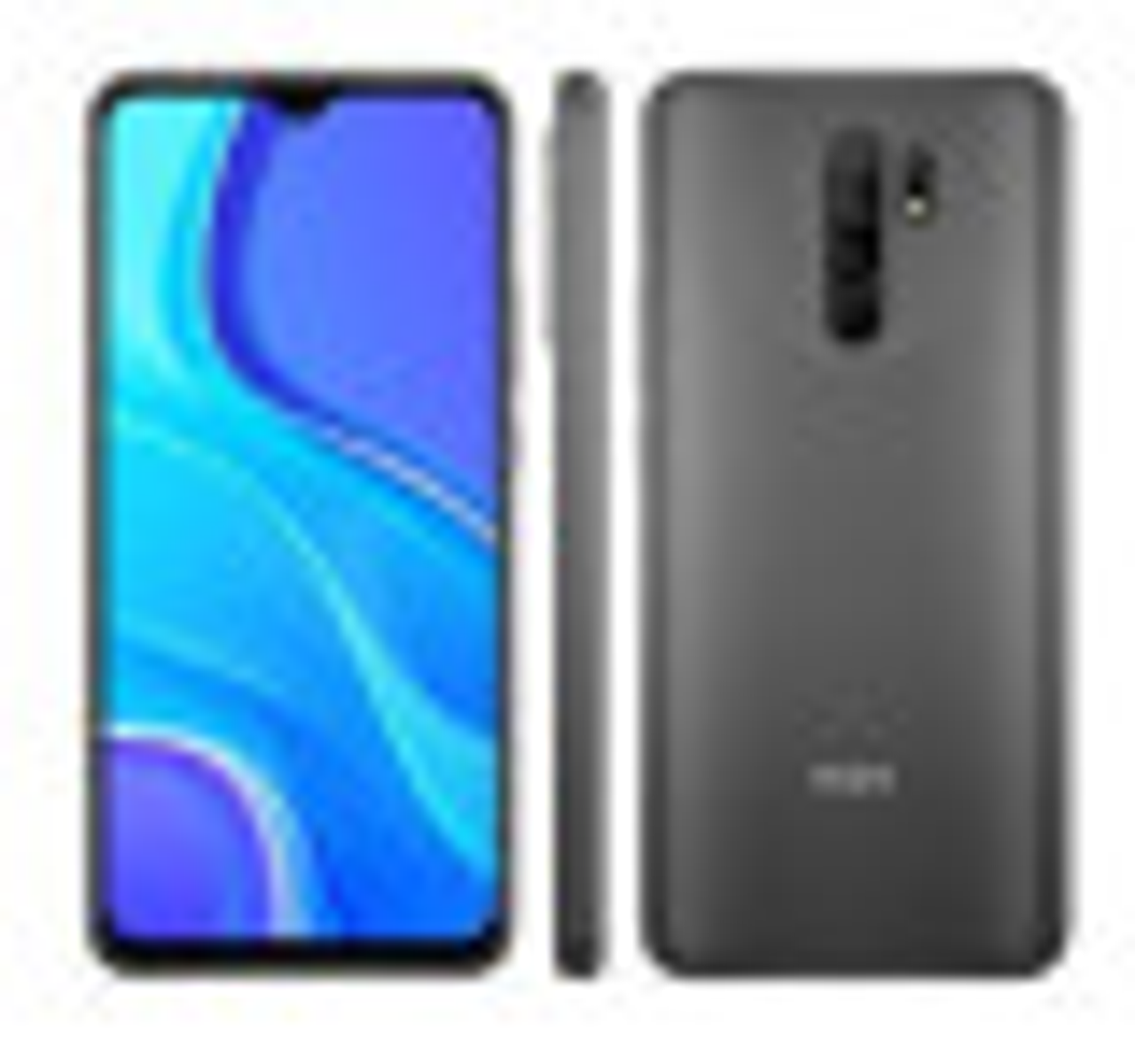 Ein Smartphone, mit Front-, Seiten- und Rückansicht. Graue Farbe, mit blauem Bildschirm.