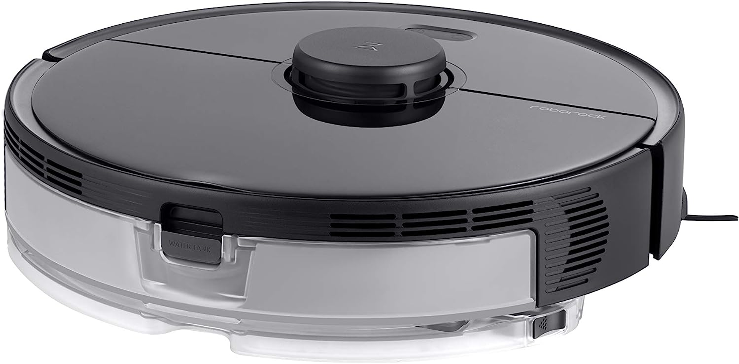 Schwarzer Roboter-Staubsauger. Kreisförmige Form. Roborock-Logo. Wassertank unten sichtbar.