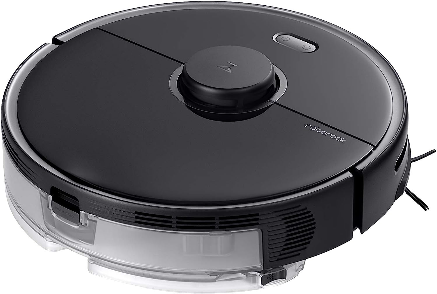 Ein schwarzer Roboter-Staubsauger mit Wassertank, Draufsicht.