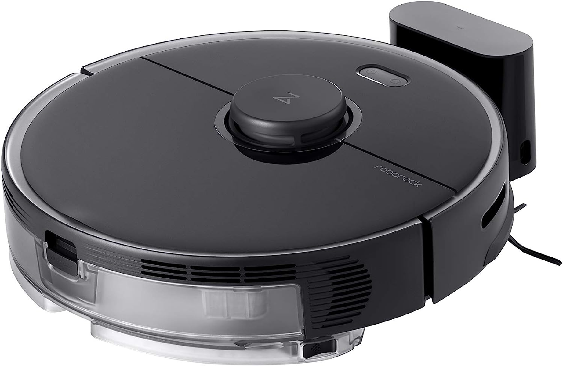 Ein schwarzer Roboter-Staubsauger mit Ladestation. Weißer Hintergrund.