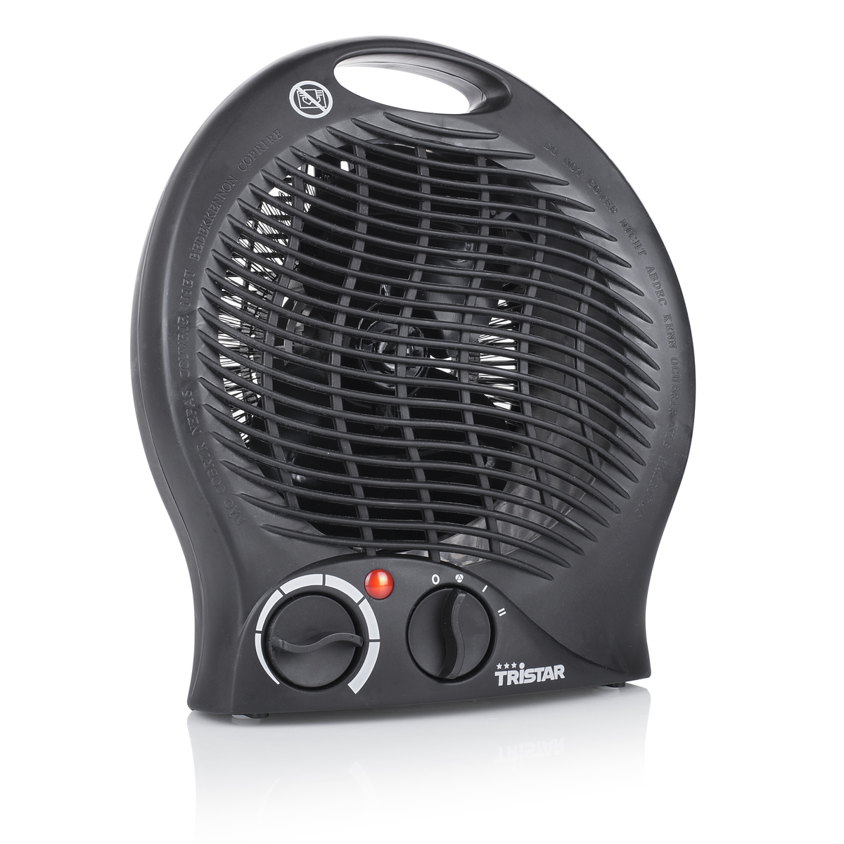 Un termoventilatore nero con due manopole di controllo e una spia rossa.