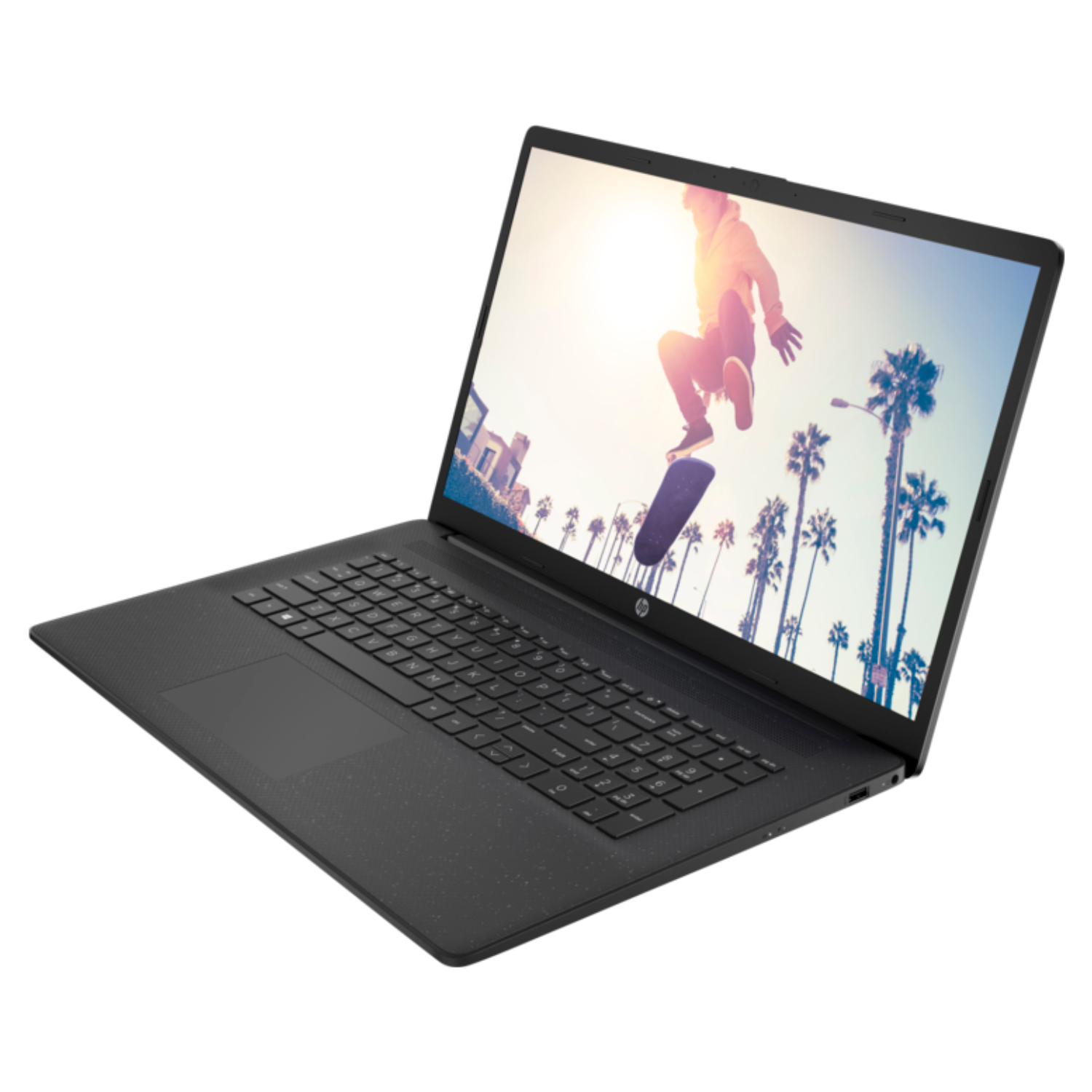 Schwarzer Laptop mit einem Skateboard-Bild auf dem Bildschirm. Er ist auf weißem Grund.