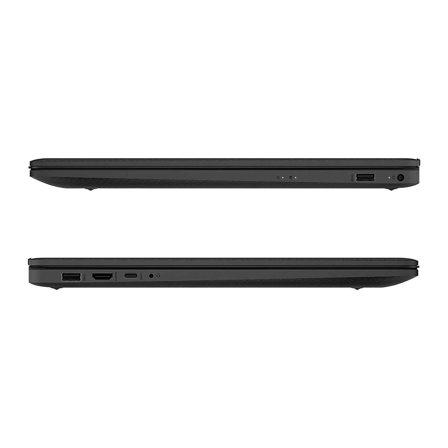 Zwei Laptops, schwarz, von der Seite gesehen, zeigen Anschlüsse und das Seitenprofil.