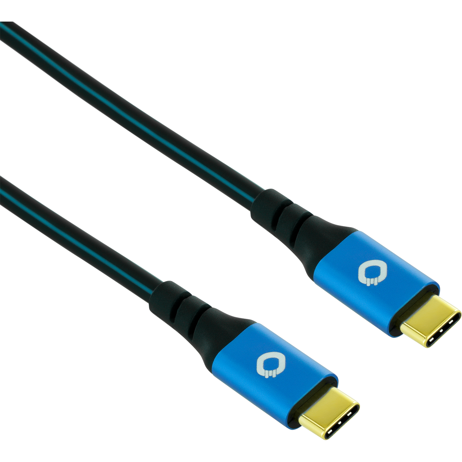 USB-C-Kabel mit blauen und schwarzen Akzenten. Die Stecker sind blau mit Logo und Goldkontakten.