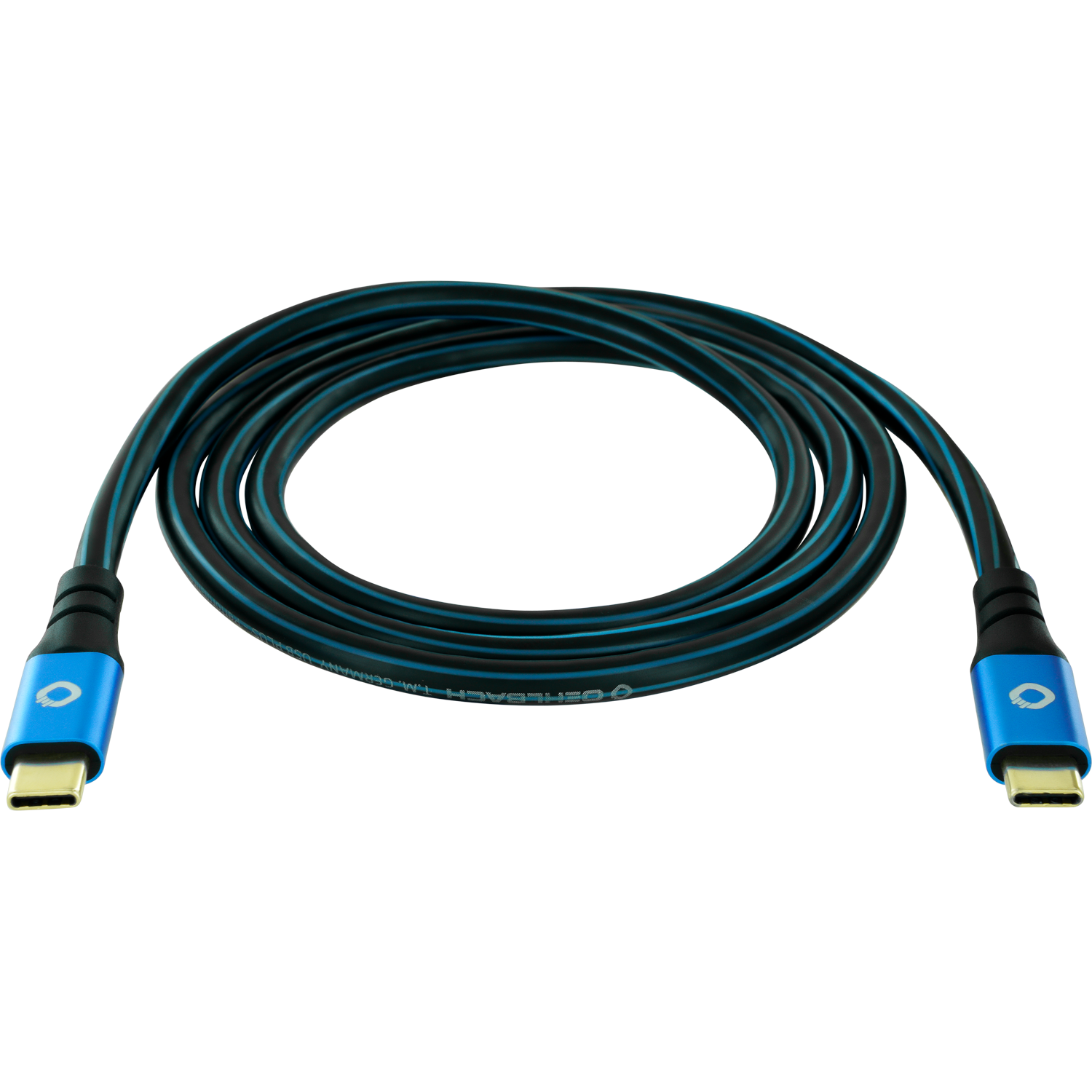 Ein schwarz-blaues USB-C-Kabel vor schwarzem Hintergrund.