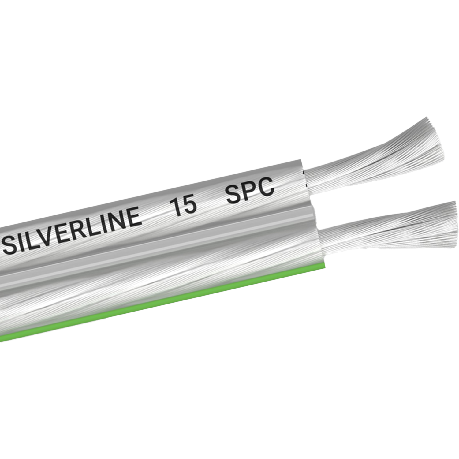 Zwei Drähte mit weißen Strängen und einem grünen Streifen. Der Text "SILVERLINE 15 SPC" steht darauf.