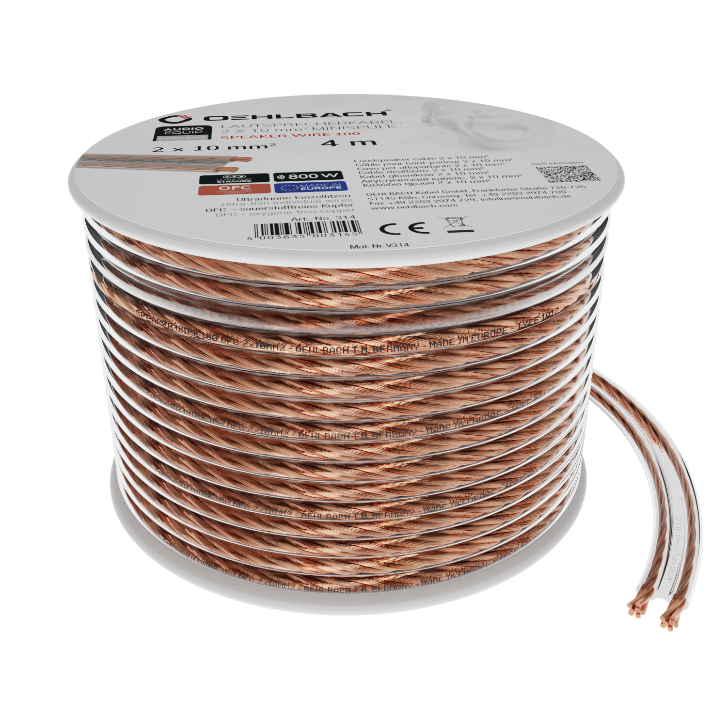 Eine Rolle Lautsprecherkabel. Das Kabel ist braun und weiß, auf einer Pappspule gewickelt.