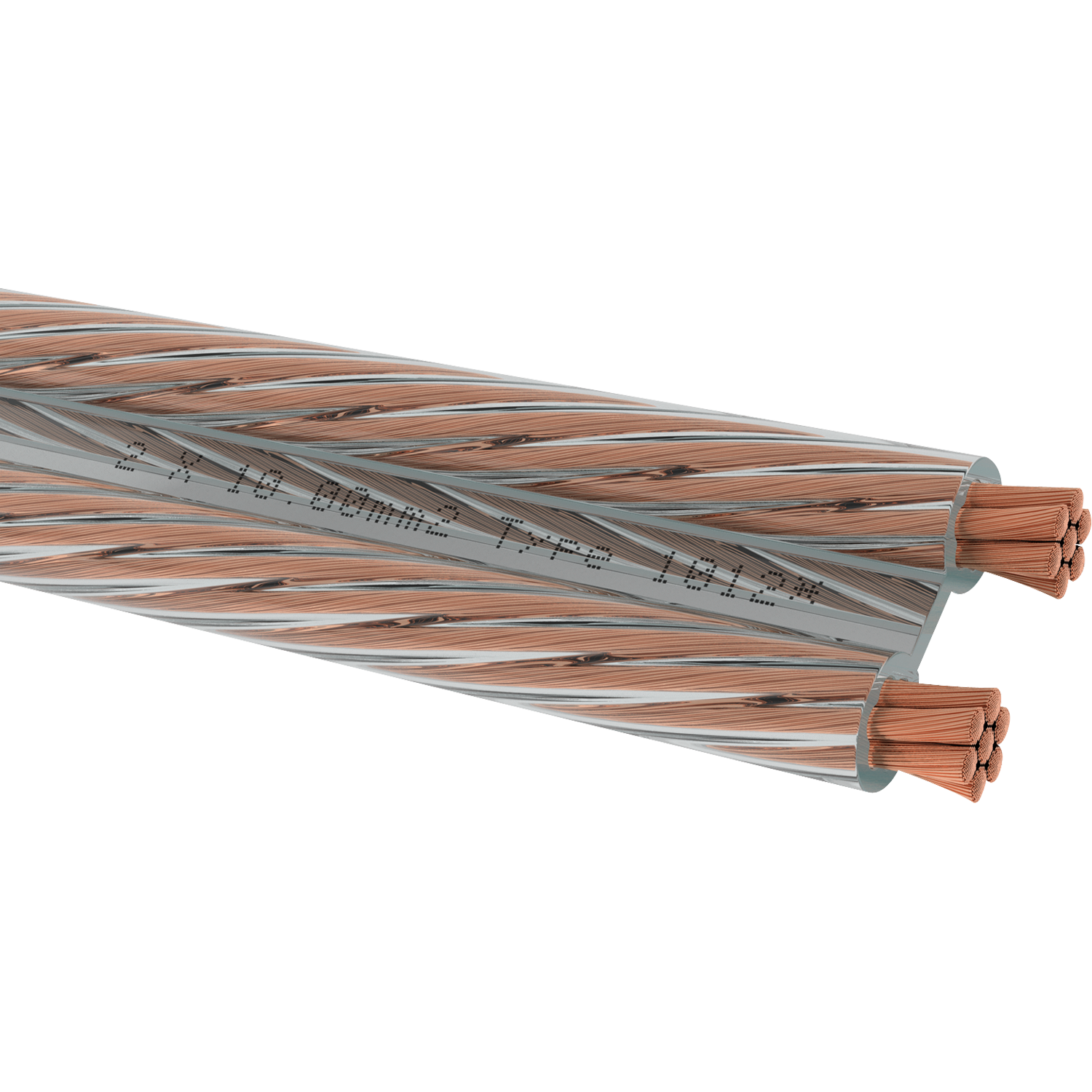 Zwei verdrillte Lautsprecherkabel, kupferfarben. Die Drähte sind in klarem Material eingeschlossen.