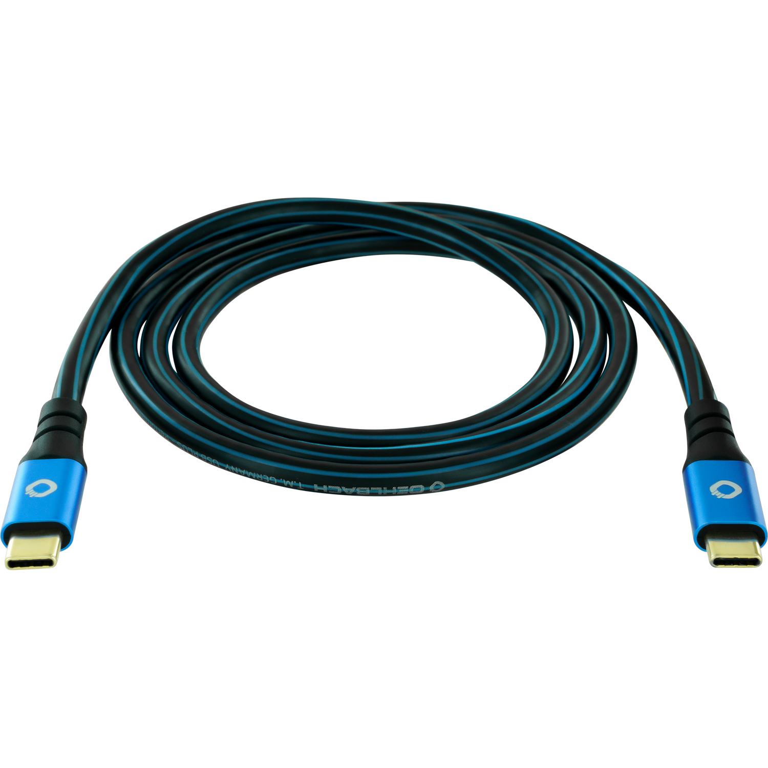 Schwarz-blaues USB-C-Kabel auf schwarzem Hintergrund, an beiden Enden blaue Anschlüsse.