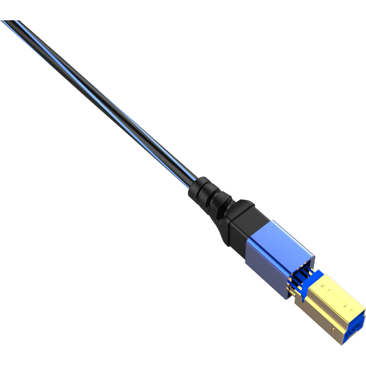 Ein schwarzes und blaues USB-Kabel mit einem goldenen Stecker. Es ist vor einem schwarzen Hintergrund.
