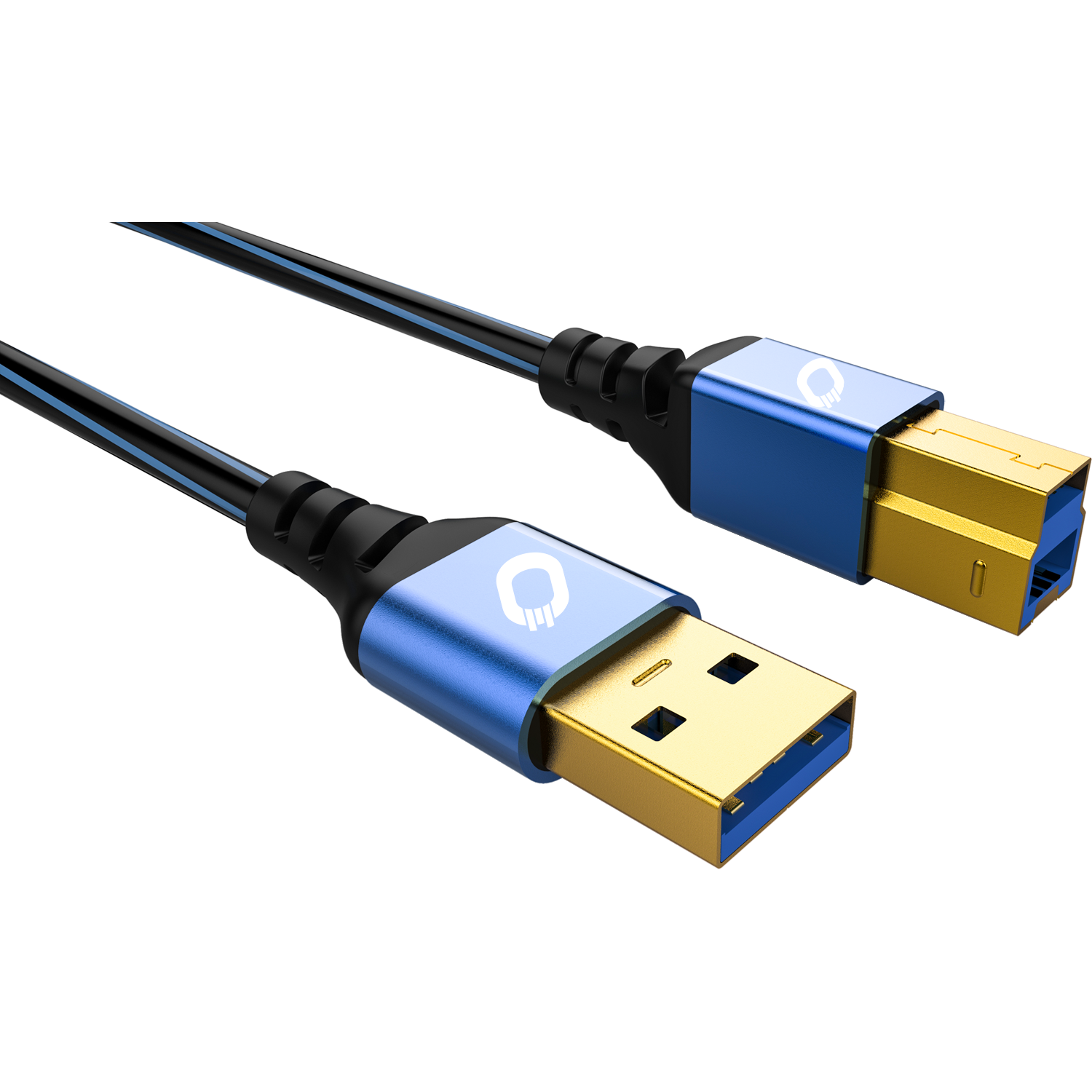 Blaues und goldenes USB-Kabel. Blau-schwarz, mit goldenen Steckern.