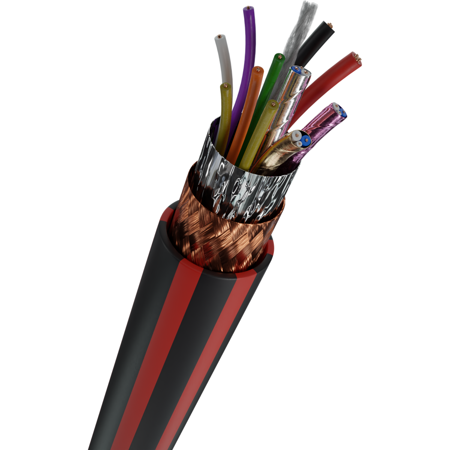 Ein aufgeschnittenes Kabel mit vielen farbigen Drähten, Kupfer- und Metallabschirmung, schwarz-roten Streifen.