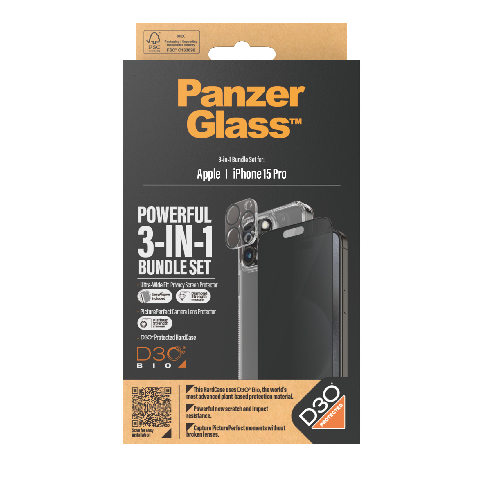 iPhone 15 Pro için PanzerGlass 3'ü 1 arada paket. Ekran, kamera koruyucu ve sert kılıf gösteriyor.