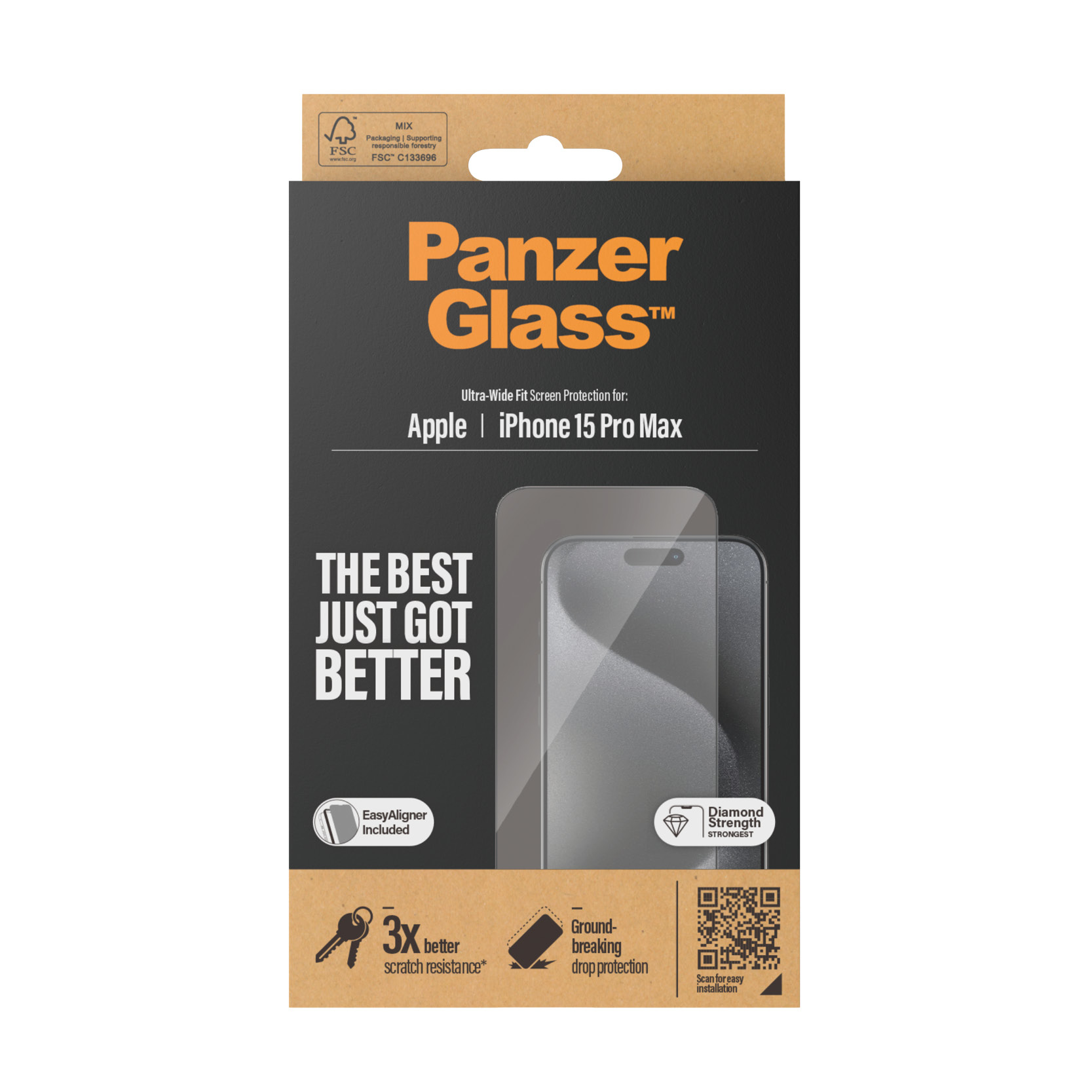 PanzerGlass schermbeschermer doos voor iPhone 15 Pro Max. Zwart en wit met tekst en een afbeelding.
