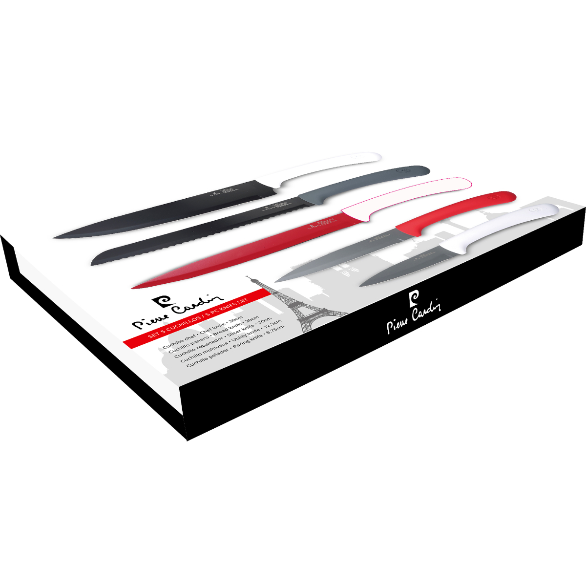 Juego de 5 cuchillos Pierre Cardin en caja. Mangos de cuchillos negro, blanco y rojo.